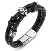 PU Leather Cord Bracelets, Stainless Steel, with PU Leather, Double Layer & fashion jewelry & for man, black 