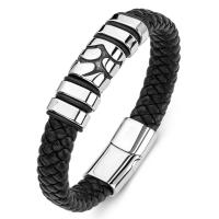 bracelet de cordon en PU , Acier titane, avec cuir PU, pour homme, noire, Vendu par PC