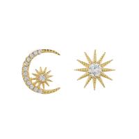 Asymmetric Earrings, Cupronickel, Sun, gold color plated, micro pave cubic zirconia, golden, 10.6mm,9.7mm 