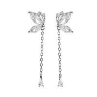 Moda flecos pendientes, Plata de ley 925, Mariposa, Joyería & micro arcilla de zirconia cúbica & para mujer, plateado, 7x8mm,30mm, Vendido por Par