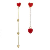 Asymmetric Earrings, Zinc Alloy, with Plastic Pearl, Heart, gold color plated, for woman & enamel, red  