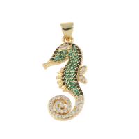 Colgante de Micro Pavé de Zirconía Cúbica, metal, Caballito de mar, chapado en color dorado, micro arcilla de zirconia cúbica, verde, 31x14x3mm, agujero:aproximado 2mm, Vendido por UD