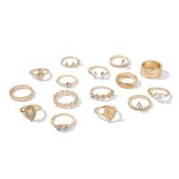 Zink-Legierung Ring Set, Zinklegierung, goldfarben plattiert, 15 Stück & für Frau & mit Strass, 15mm,10mm,20mm, Größe:10.5, 15PCs/setzen, verkauft von setzen