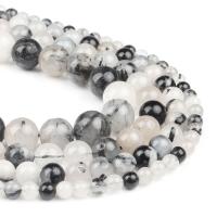 Perles Quartz rutile, Quartz rutile noir, Rond, poli, blanc et noir Vendu par brin