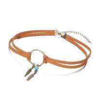 Mode Collier Choker, cuir PU, avec turquoise synthétique, feuille, la couleur plaquée laiton antique, Double couche & pour femme Environ 15.6 pouce, Vendu par brin