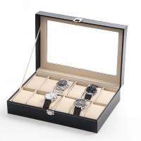 Velveteen Watch Box, with PU Leather & Glass & Stainless Steel, Unisex, black 