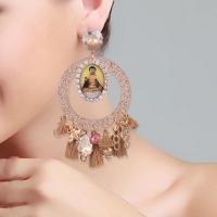 Fashion Tassel Earring, Zinc Alloy, with Cotton Thread & Crystal & Resin, for woman 