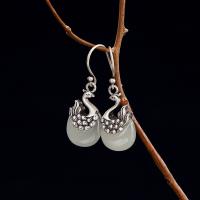 Sterling Silver Drop Earring, 925 Sterling Silver, with Hetian Jade, Phoenix, for woman 