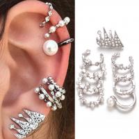 Zinc Alloy Clip Earring, with Glass Pearl, silver color plated, 10 pieces & for woman & with rhinestone 