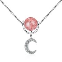 Zirkonia Mikro pflastern Messinghalsketten, Messing, mit Strawberry Quartz, mit Verlängerungskettchen von 1.4inch, Mond, platiniert, Kastenkette & Micro pave Zirkonia & für Frau, Rosa, 10x21mm, Länge:ca. 15.7 ZollInch, verkauft von Strang