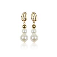 Boucle d'oreille en alliage de zinc en plastique perle, avec coquille, plaqué de couleur d'or KC, bijoux de mode & pour femme, couleur métallique plaquée Vendu par paire