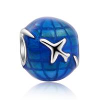 Enamel Zinc Alloy European Beads, Round, silver color plated, DIY, blue 