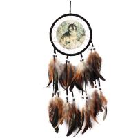 Fashion Dreamcatcher, Beflockung Stoff, mit Feder & Polyester & ABS Kunststoff, handgemacht, gefärbt & gewebte Muster, braun, 600mm, verkauft von PC