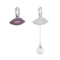 Asymmetric Earrings, Brass, with Plastic Pearl, Lip, plated, micro pave cubic zirconia & for woman, mixed colors, nickel, lead & cadmium free 