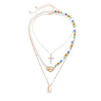 Collier de mode Multi couche, alliage de zinc, avec Seedbead & coquille & perle de plastique & fer, avec 3.9 inch chaînes de rallonge, Placage de couleur d'or, pour femme & à fils multiples, couleur métallique plaquée Environ 14 pouce, Vendu par brin