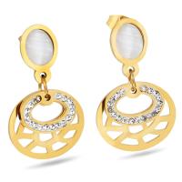 Acier titane Boucle d'oreille goutte, Rond, Placage, pavé de micro strass & pour femme & creux, doré, 30*18mm, Vendu par paire