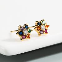 Pendientes de Perno de Aleación de Zinc, con cúbica circonia, Flor, 18K chapado en oro, micro arcilla de zirconia cúbica & para mujer, multicolor, 8*9mm, 10Parpareja/Grupo, Vendido por Grupo