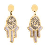 Edelstahl Tropfen Ohrring, Hamsa, plattiert, Micro pave Zirkonia & für Frau, goldfarben, 60*25mm, 10PaarPärchen/Menge, verkauft von Menge