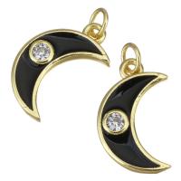 Enamel Brass Pendants, Moon, gold color plated, micro pave cubic zirconia, black 