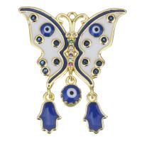 Enamel Brass Pendants, Butterfly, gold color plated, micro pave cubic zirconia, blue 