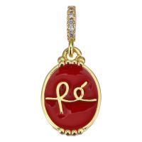 Enamel Brass Pendants, gold color plated, micro pave cubic zirconia, red 