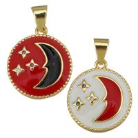 Enamel Brass Pendants, Round, gold color plated, micro pave cubic zirconia 