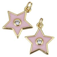 Enamel Brass Pendants, Star, gold color plated, micro pave cubic zirconia, pink 