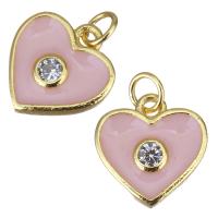 Enamel Brass Pendants, Heart, gold color plated, micro pave cubic zirconia, pink 