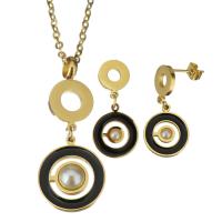 Fashion Stainless Steel Jewelry Sets, earring & necklace, with Plastic Pearl, gold color plated, for woman & enamel & hollow, 38mm 2mm,28mm Approx 17 Inch 