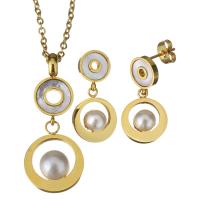 Fashion Stainless Steel Jewelry Sets, earring & necklace, with Resin & Plastic Pearl, gold color plated, for woman & hollow, metallic color plated, 39mm 2mm,25mm Approx 17 Inch 