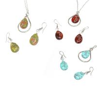 Brass Jewelry Set, earring & necklace, with Gemstone, Teardrop, plated 35*25mm 