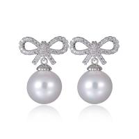 pendiente de gota colgando de latón, metal, con Plata de ley 925 & Shell Pearl, chapado en color de plata, micro arcilla de zirconia cúbica & para mujer, Blanco, 13x20mm, Vendido por Par