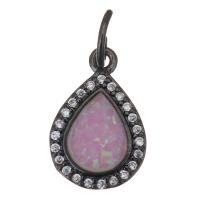 Brass Pendant, with Opal, Teardrop, gun black plated, micro pave cubic zirconia, pink Approx 4mm 