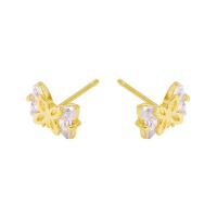 Brass Earring Stud Component, Bowknot, gold color plated, micro pave cubic zirconia 