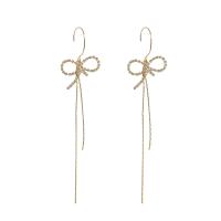 Fashion Fringe Earrings, Zinc Alloy, Bowknot, gold color plated, for woman & with rhinestone, 80mm 