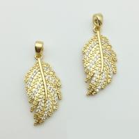 Colgante de Micro Pavé de Zirconía Cúbica, metal, Hoja, chapado en color dorado, micro arcilla de zirconia cúbica, 13x26mm, Vendido por UD