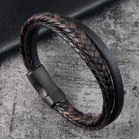 Men Bracelet, Titanium Steel, with PU Leather, polished, dyed & for man & multi-strand, black, 21CM Approx 8.26 Inch 