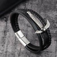 Men Bracelet, Titanium Steel, with PU Leather, polished, dyed & for man & multi-strand, black, 21cm 