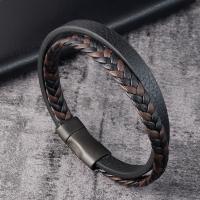 Men Bracelet, Titanium Steel, with PU Leather, polished, dyed & for man & multi-strand, black, 21cm 