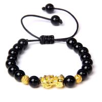 Pulseras de ágata negra, Ágata negra, con cordón de algodón & aleación de zinc, chapado en color dorado, unisexo & diferentes estilos para la opción, Negro, 8mm, longitud:aproximado 7.48 Inch, Vendido por Sarta