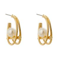 Freshwater Pearl Stud Earring, Zinc Alloy, gold color plated, for woman, white 