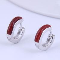 Brass Huggie Hoop Earring, with Red Agate, Donut, silver color plated, for woman, red, 12mm 