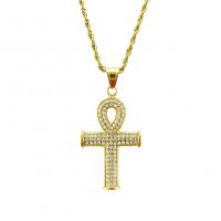 Men Necklace, Zinc Alloy, Cross, gold color plated, for man & with rhinestone Inch 