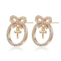 Brass Earring Stud Component, gold color plated & micro pave cubic zirconia 