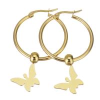 Huggie Hoop Drop Earring, Stainless Steel, Butterfly, gold color plated, for woman  