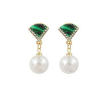 Boucle d'oreille en alliage de zinc en plastique perle, Plastique ABS perle, avec alliage de zinc, Placage de couleur d'or, bijoux de mode & pour femme & avec strass, vert, 3.1cmX1.2cm, Vendu par paire