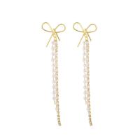 Moda flecos pendientes, Perlas de plástico ABS, con aleación de zinc, chapado en color dorado, Joyería & para mujer & con diamantes de imitación, 9.3cmX2.1cm, Vendido por Par