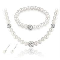 Fashion Zinc Alloy Jewelry Sets, bracelet & earring & necklace, with Rhinestone Clay Pave & Plastic Pearl, silver color plated, three pieces & fashion jewelry & for woman, white 