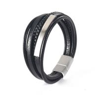 Männer Armband, Edelstahl, mit PU Leder, plattiert, für den Menschen & Multi-Strang, schwarz, 21.5CM, verkauft von PC