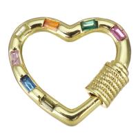 Fashion Carabiner Key Ring, Brass, Heart, gold color plated, micro pave cubic zirconia, multi-colored 